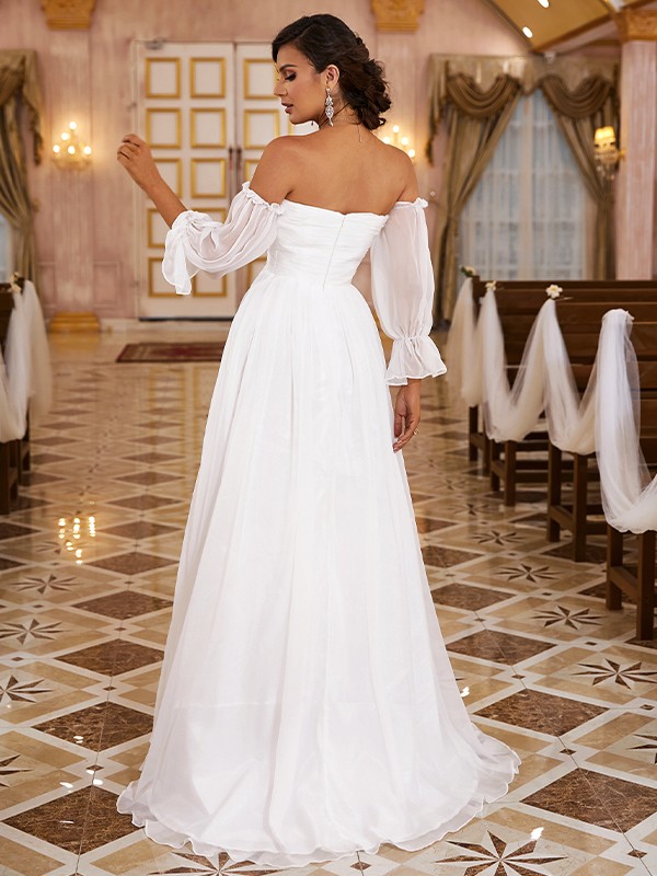 A-Line/Princess 30D Chiffon Ruched Off-the-Shoulder Long Sleeves Sweep/Brush Train Wedding Dresses 610