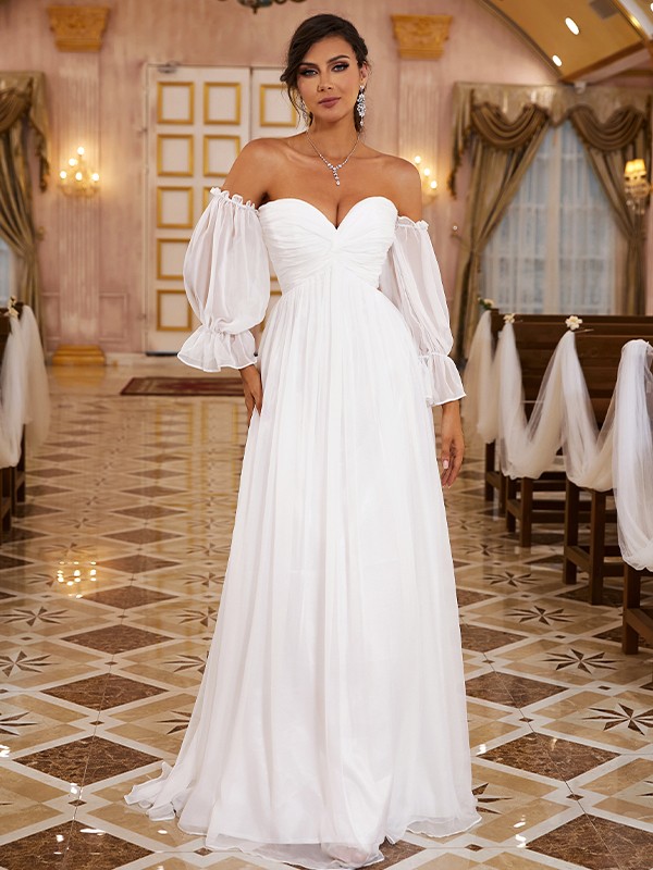 A-Line/Princess 30D Chiffon Ruched Off-the-Shoulder Long Sleeves Sweep/Brush Train Wedding Dresses 610