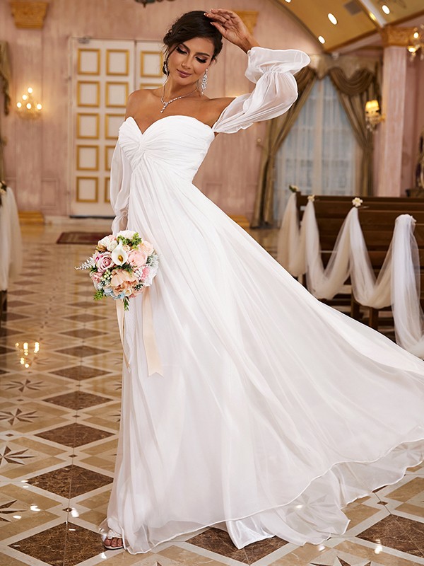 A-Line/Princess 30D Chiffon Ruched Off-the-Shoulder Long Sleeves Sweep/Brush Train Wedding Dresses 610