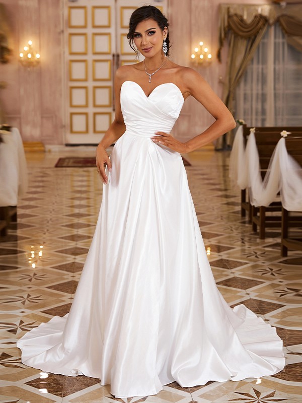 A-Line/Princess Satin Ruched Sweetheart Sleeveless Sweep/Brush Train Wedding Dresses 824