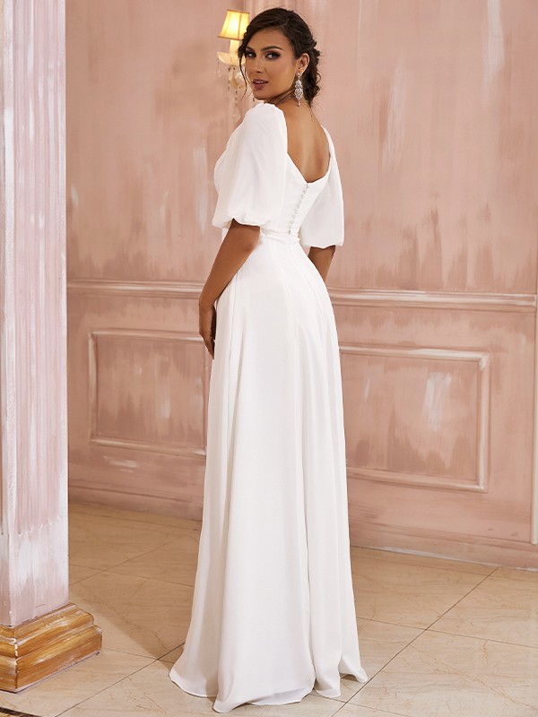 A-Line/Princess Chiffon Ruched Off-the-Shoulder 1/2 Sleeves Floor-Length Wedding Dresses 661