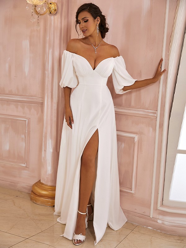 A-Line/Princess Chiffon Ruched Off-the-Shoulder 1/2 Sleeves Floor-Length Wedding Dresses 661