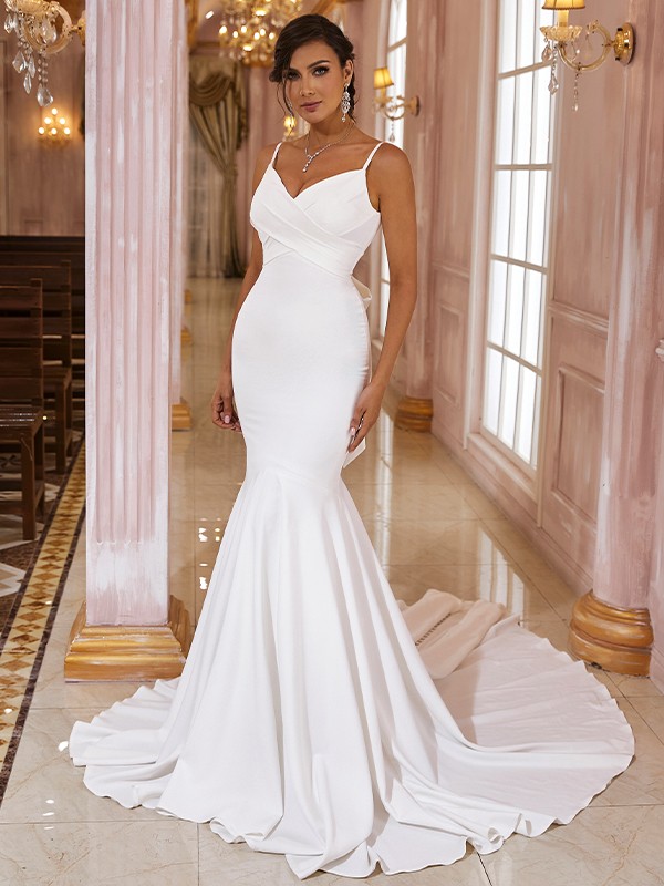 Trumpet/Mermaid Stretch Crepe Ruffles V-neck Sleeveless Sweep/Brush Train Wedding Dresses 1686