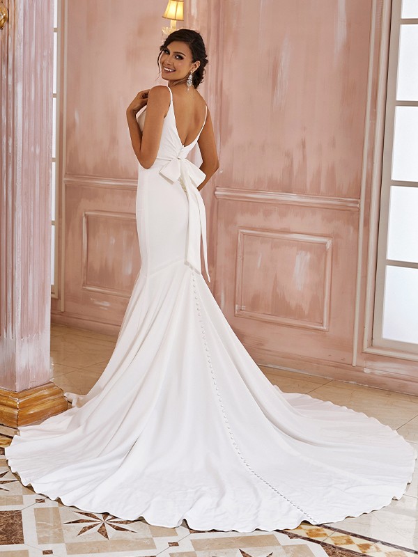 Trumpet/Mermaid Stretch Crepe Ruffles V-neck Sleeveless Sweep/Brush Train Wedding Dresses 1686