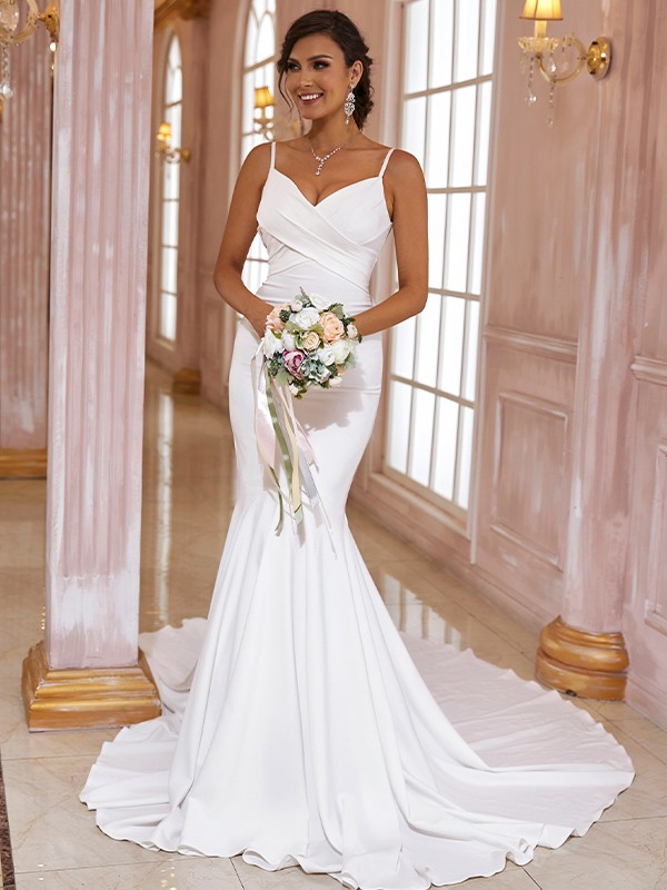 Trumpet/Mermaid Stretch Crepe Ruffles V-neck Sleeveless Sweep/Brush Train Wedding Dresses 1686