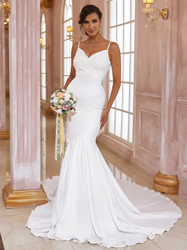 Trumpet/Mermaid Stretch Crepe Ruffles V-neck Sleeveless Sweep/Brush Train Wedding Dresses 1686