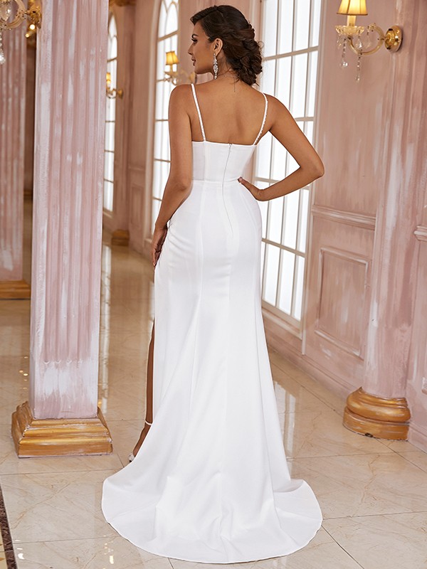 Sheath/Column Stretch Crepe Ruched Spaghetti Straps Sleeveless Sweep/Brush Train Wedding Dresses 1493