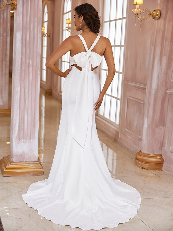 Sheath/Column Stretch Crepe Bowknot V-neck Sleeveless Sweep/Brush Train Wedding Dresses 1459