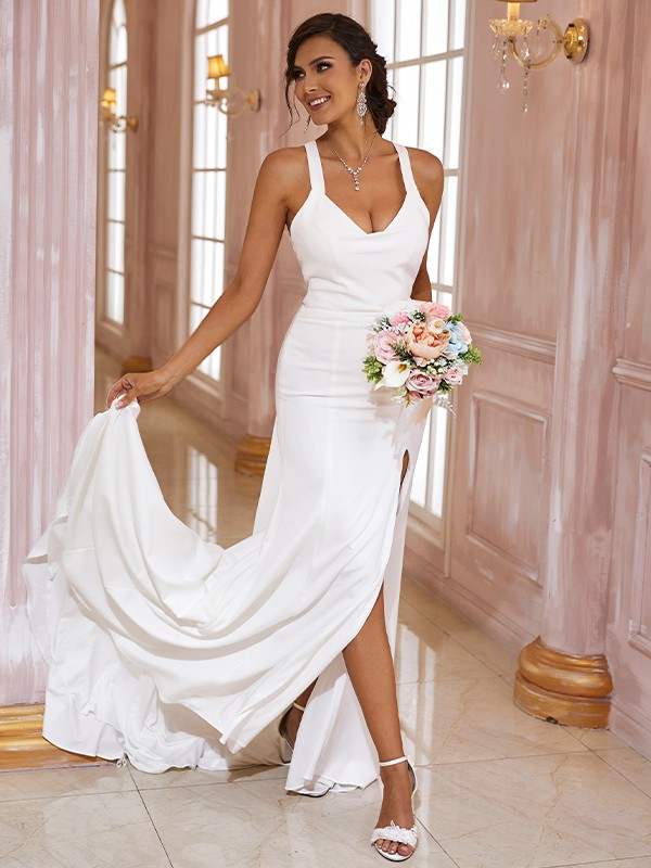 Sheath/Column Stretch Crepe Bowknot V-neck Sleeveless Sweep/Brush Train Wedding Dresses 1459