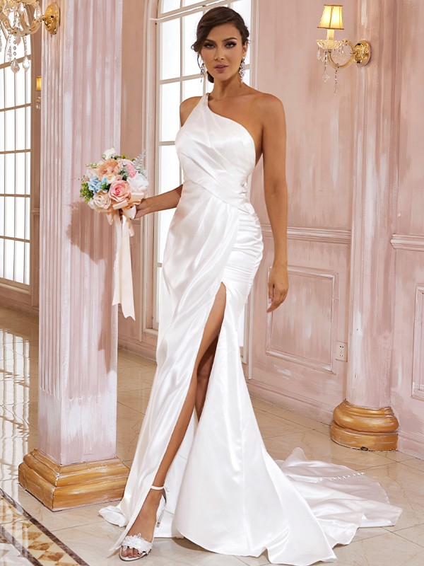 Sheath/Column Satin Ruched One-Shoulder Sleeveless Sweep/Brush Train Wedding Dresses 1418