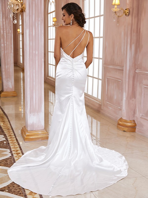 Sheath/Column Satin Ruched One-Shoulder Sleeveless Sweep/Brush Train Wedding Dresses 1418