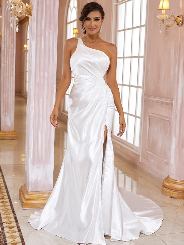 Sheath/Column Satin Ruched One-Shoulder Sleeveless Sweep/Brush Train Wedding Dresses 1418