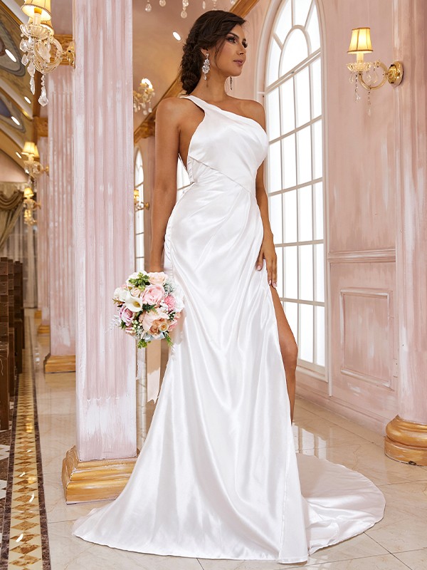 Sheath/Column Satin Ruched One-Shoulder Sleeveless Sweep/Brush Train Wedding Dresses 1418