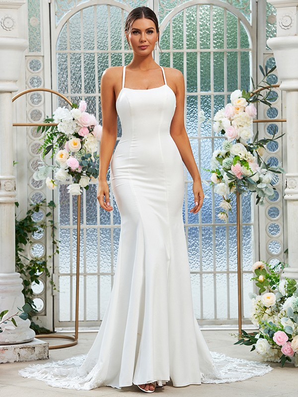 Sheath/Column Stretch Crepe Lace Spaghetti Straps Sleeveless Sweep/Brush Train Wedding Dresses 1467