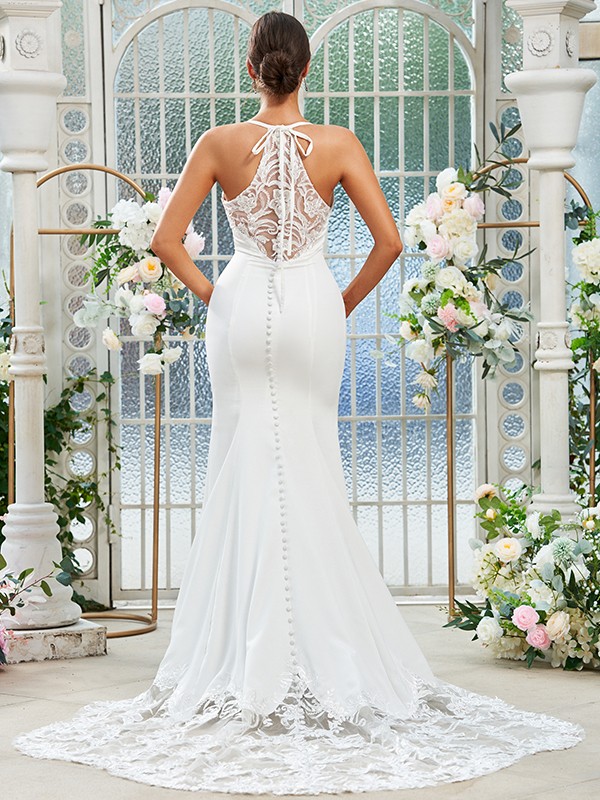 Sheath/Column Stretch Crepe Lace Spaghetti Straps Sleeveless Sweep/Brush Train Wedding Dresses 1467