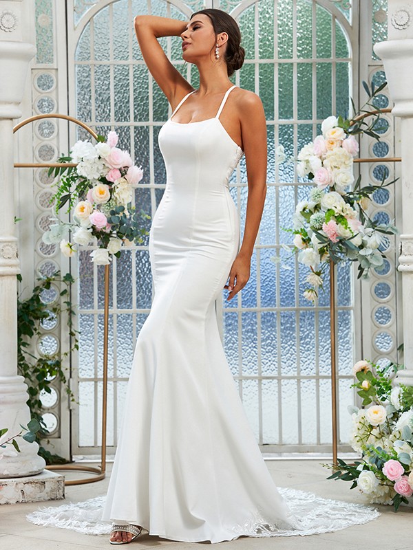 Sheath/Column Stretch Crepe Lace Spaghetti Straps Sleeveless Sweep/Brush Train Wedding Dresses 1467