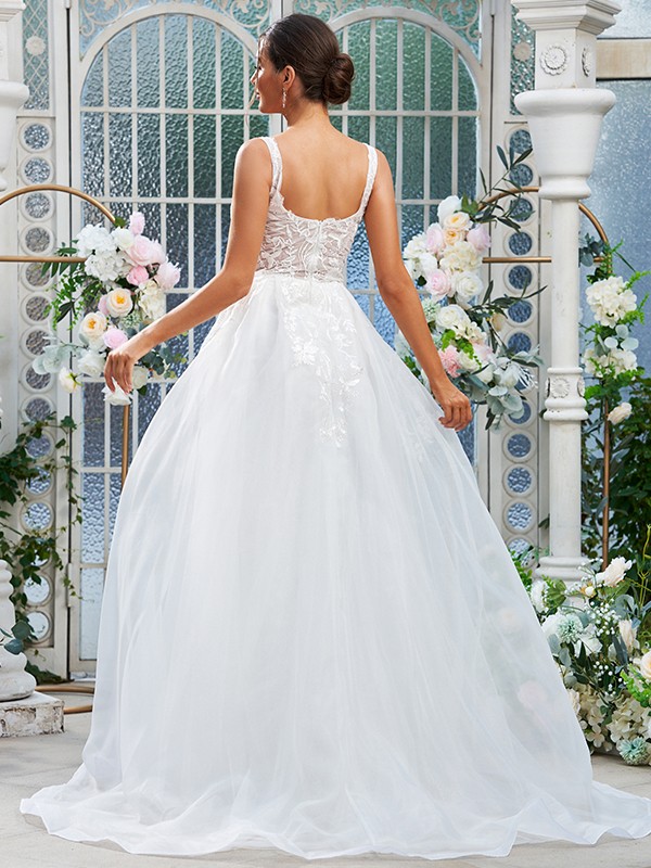 A-Line/Princess Organza Lace Straps Sleeveless Sweep/Brush Train Wedding Dresses 771