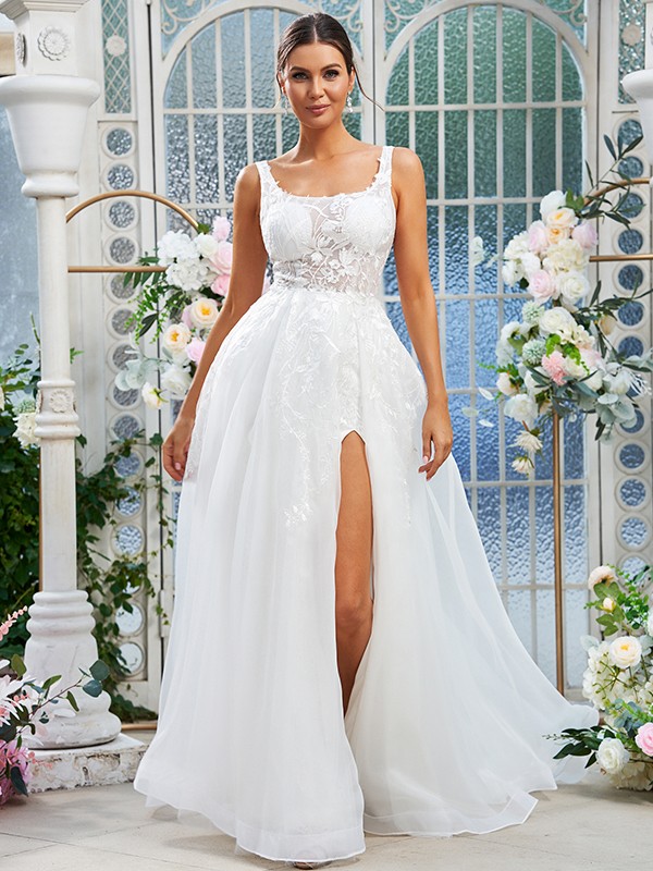 A-Line/Princess Organza Lace Straps Sleeveless Sweep/Brush Train Wedding Dresses 771