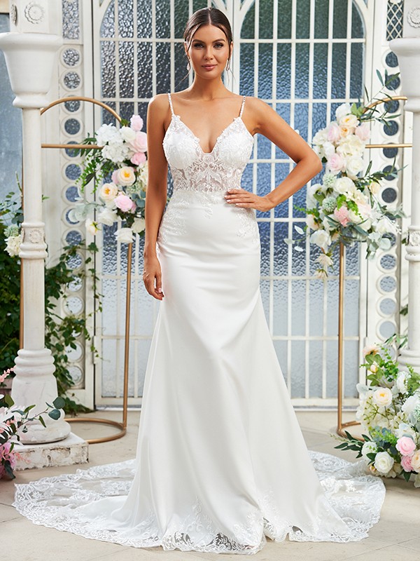 Sheath/Column Lace V-neck Sleeveless Sweep/Brush Train Wedding Dresses 1402