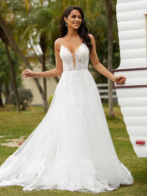 A-Line/Princess Tulle Applique V-neck Sleeveless Court Train Wedding Dresses 1020