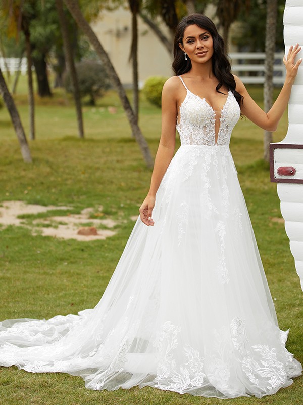 A-Line/Princess Tulle Applique V-neck Sleeveless Court Train Wedding Dresses 1020