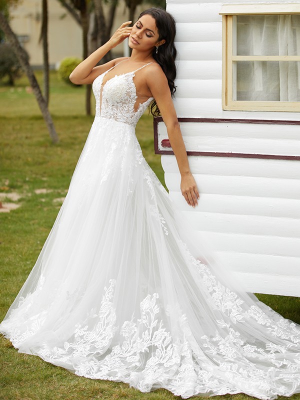 A-Line/Princess Tulle Applique V-neck Sleeveless Court Train Wedding Dresses 1020