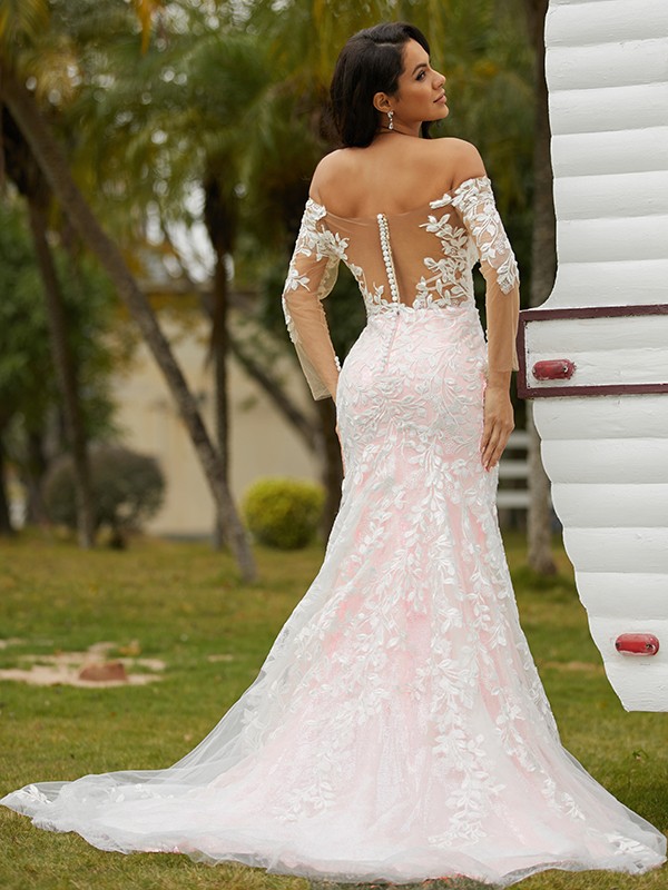 Sheath/Column Lace Off-the-Shoulder Long Sleeves Court Train Wedding Dresses 1385