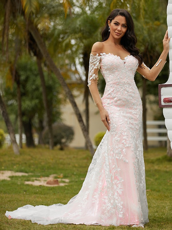 Sheath/Column Lace Off-the-Shoulder Long Sleeves Court Train Wedding Dresses 1385