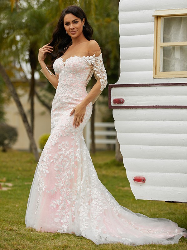 Sheath/Column Lace Off-the-Shoulder Long Sleeves Court Train Wedding Dresses 1385