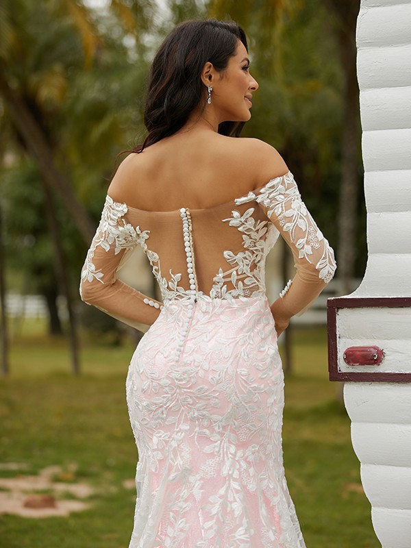 Sheath/Column Lace Off-the-Shoulder Long Sleeves Court Train Wedding Dresses 1385