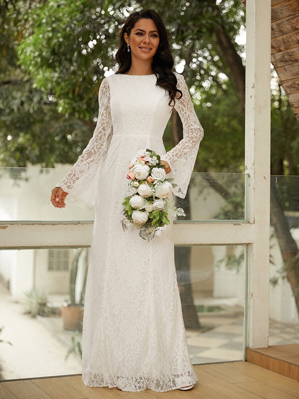 Sheath/Column Lace Scoop Long Sleeves Floor-Length Wedding Dresses 1392