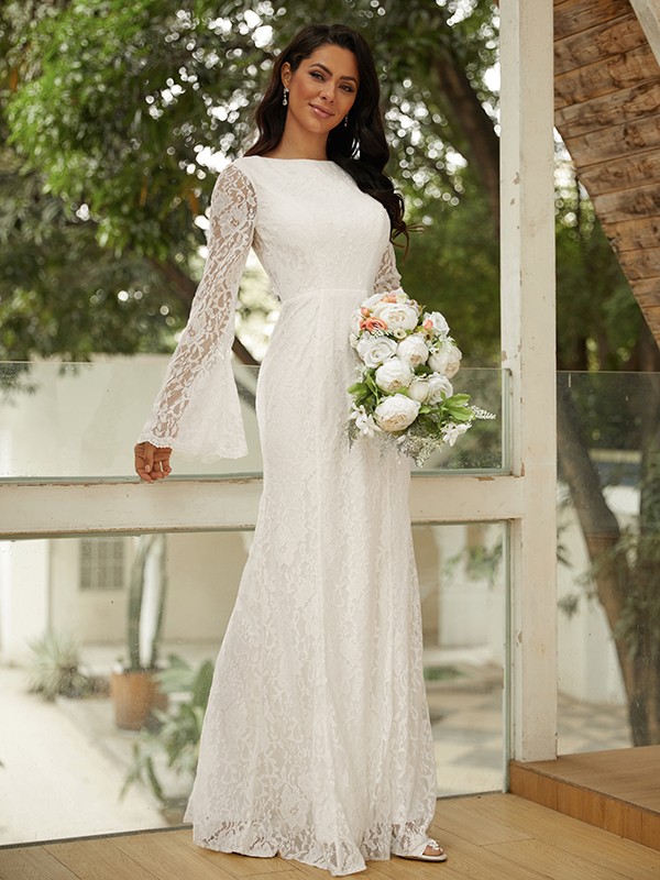 Sheath/Column Lace Scoop Long Sleeves Floor-Length Wedding Dresses 1392