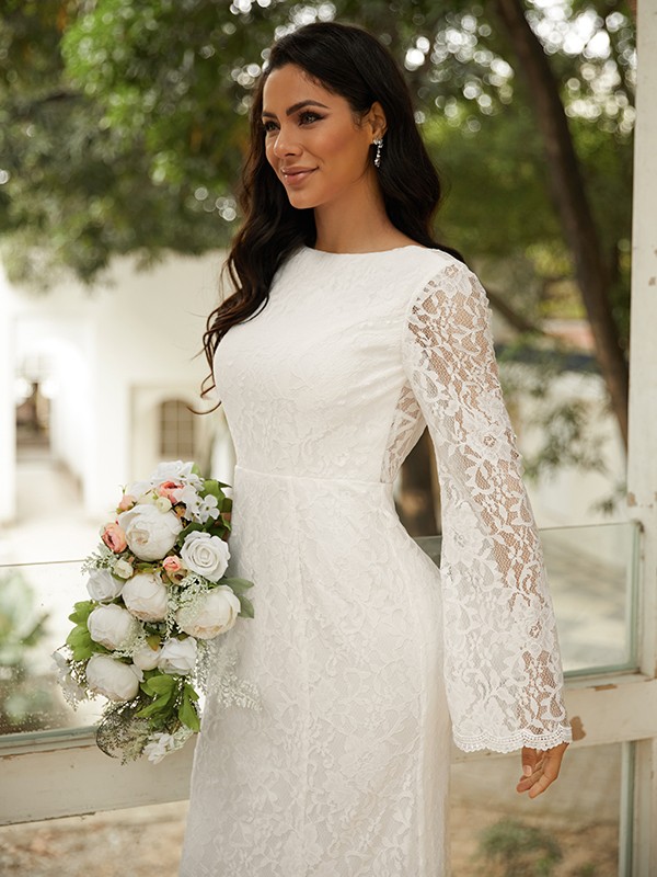 Sheath/Column Lace Scoop Long Sleeves Floor-Length Wedding Dresses 1392