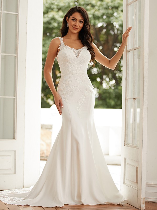 Sheath/Column Stretch Crepe Lace Straps Sleeveless Court Train Wedding Dresses 1469