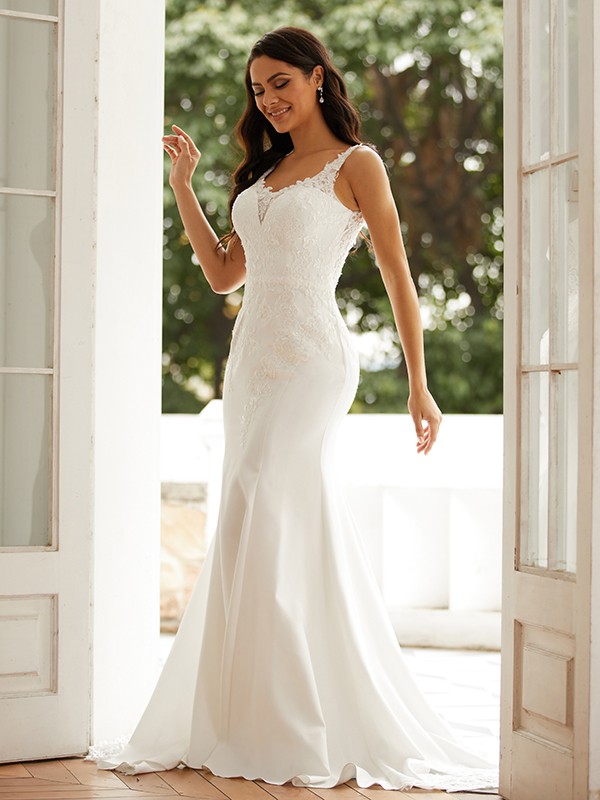 Sheath/Column Stretch Crepe Lace Straps Sleeveless Court Train Wedding Dresses 1469