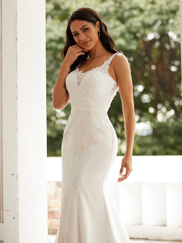 Sheath/Column Stretch Crepe Lace Straps Sleeveless Court Train Wedding Dresses 1469