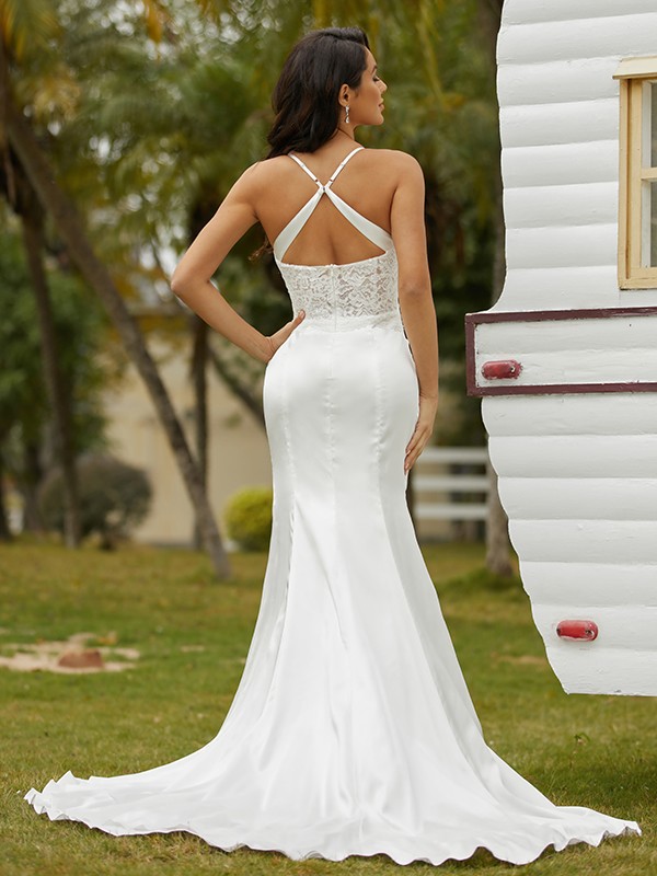 Sheath/Column Elastic Woven Satin Ruched Spaghetti Straps Sleeveless Court Train Wedding Dresses 1371