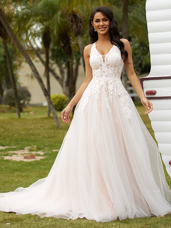 A-Line/Princess Tulle Lace V-neck Sleeveless Court Train Wedding Dresses 1070