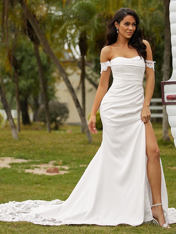 Sheath/Column Stretch Crepe Lace Off-the-Shoulder Sleeveless Cathedral Train Wedding Dresses 1460