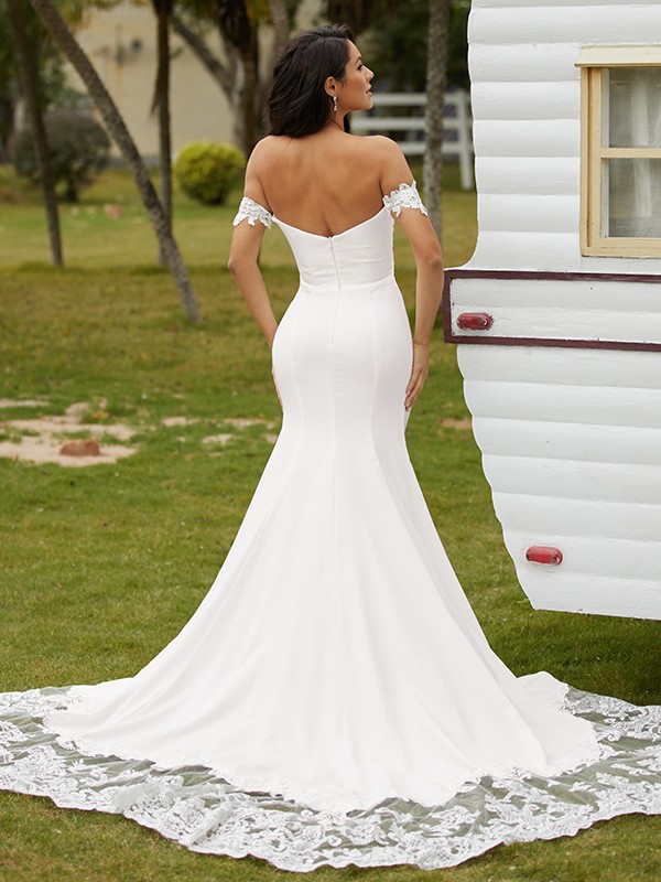 Sheath/Column Stretch Crepe Lace Off-the-Shoulder Sleeveless Cathedral Train Wedding Dresses 1460