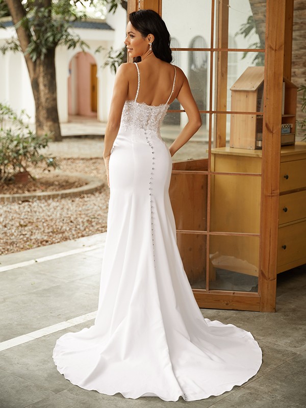 Sheath/Column Stretch Crepe Lace V-neck Sleeveless Sweep/Brush Train Wedding Dresses 1478