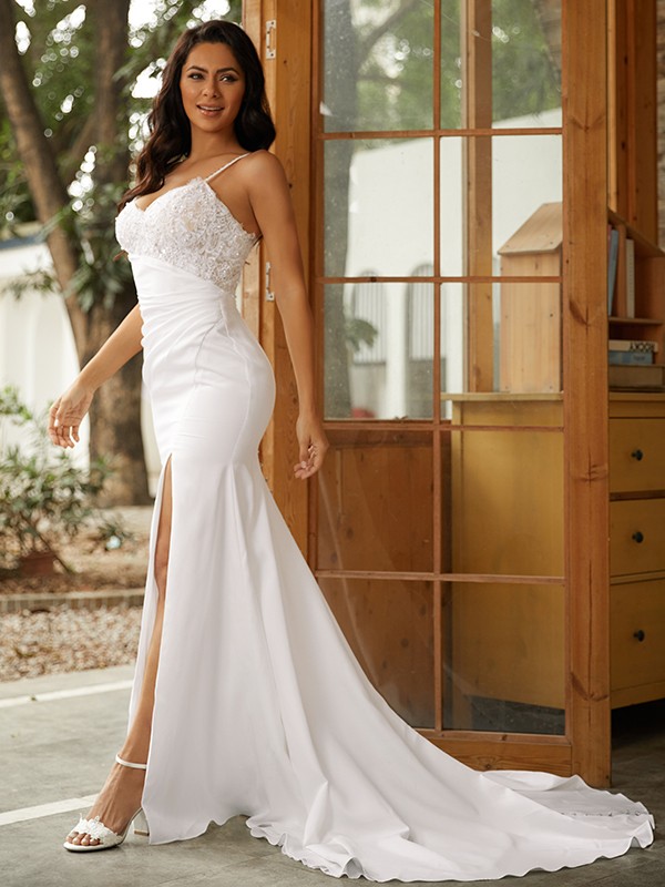 Sheath/Column Stretch Crepe Lace V-neck Sleeveless Sweep/Brush Train Wedding Dresses 1478