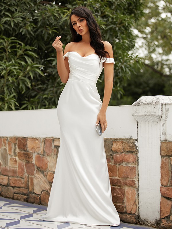 Sheath/Column Elastic Woven Satin Ruched Off-the-Shoulder Sleeveless Sweep/Brush Train Wedding Dresses 1369