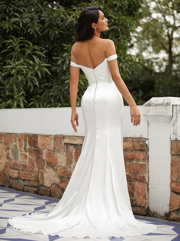 Sheath/Column Elastic Woven Satin Ruched Off-the-Shoulder Sleeveless Sweep/Brush Train Wedding Dresses 1369