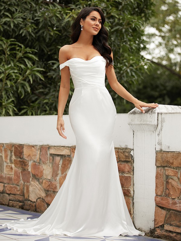 Sheath/Column Elastic Woven Satin Ruched Off-the-Shoulder Sleeveless Sweep/Brush Train Wedding Dresses 1369