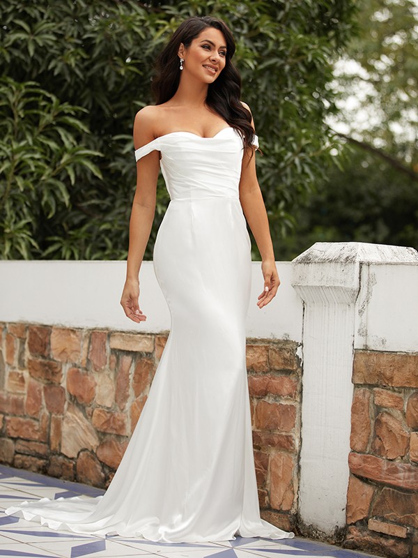 Sheath/Column Elastic Woven Satin Ruched Off-the-Shoulder Sleeveless Sweep/Brush Train Wedding Dresses 1369