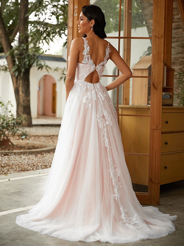 A-Line/Princess Tulle Applique Scoop Sleeveless Sweep/Brush Train Wedding Dresses 991