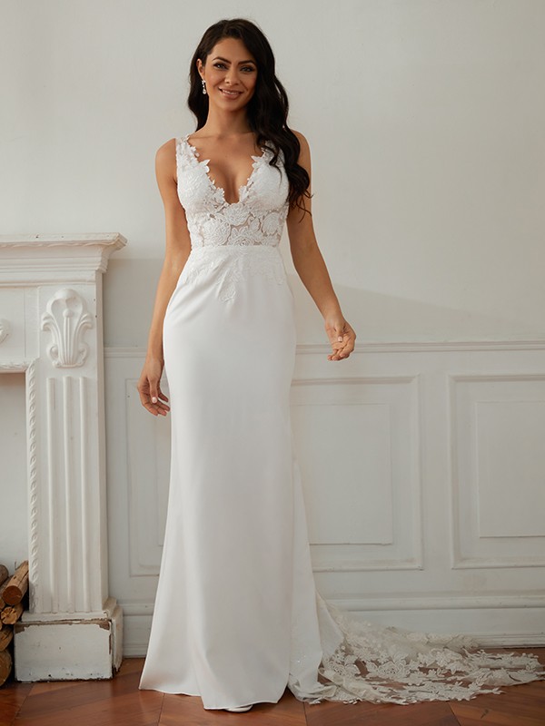 Sheath/Column Stretch Crepe Lace V-neck Sleeveless Sweep/Brush Train Wedding Dresses 1479