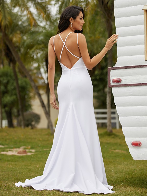 Sheath/Column Stretch Crepe Ruched V-neck Sleeveless Sweep/Brush Train Wedding Dresses 1506