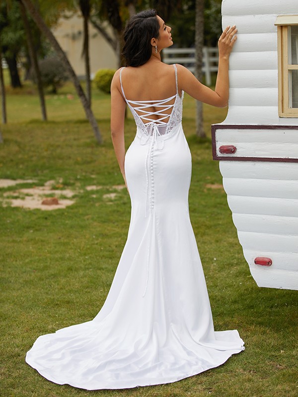 Sheath/Column Charmeuse Lace V-neck Sleeveless Court Train Wedding Dresses 1349